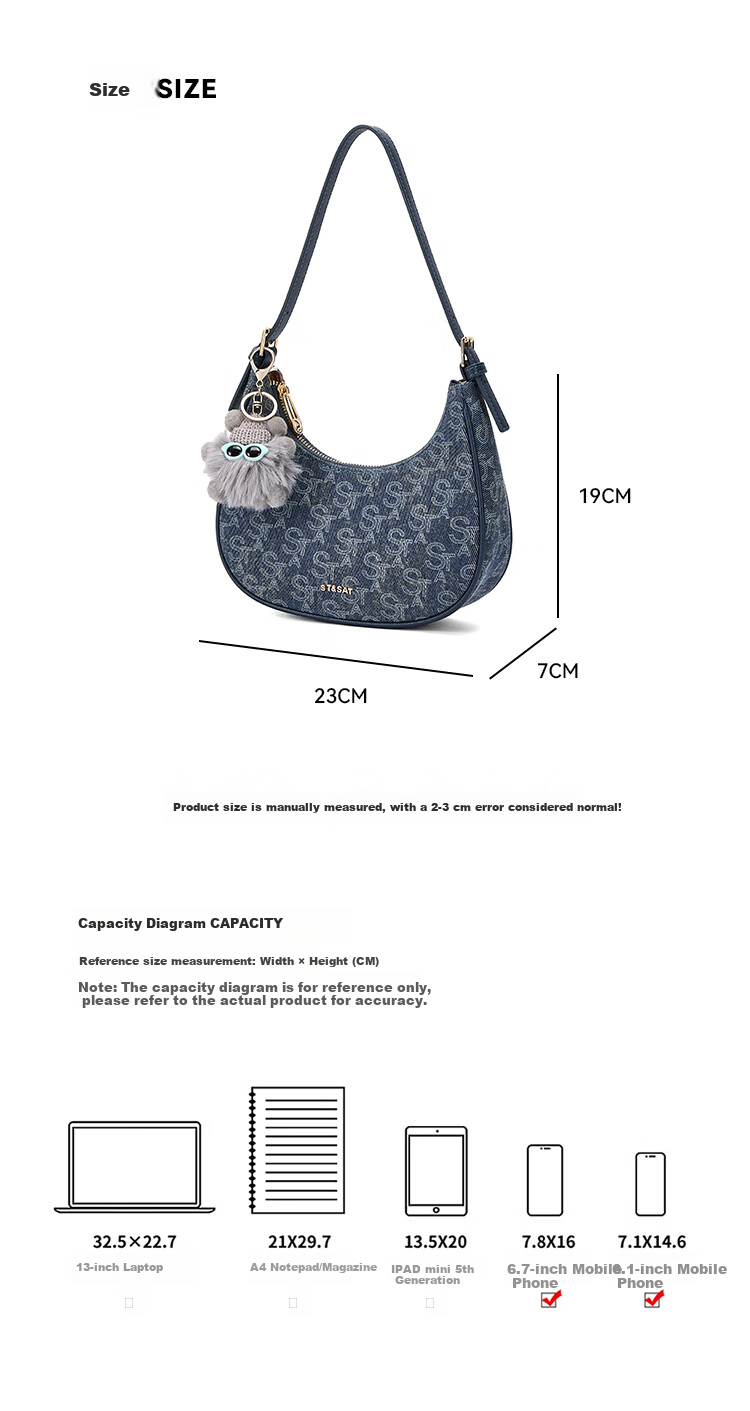 St&Sat Women's Handbag Shoulder Bag Tote Bag Underarm Bag Trendy Versatile Denim Blue Crescent Bag 520 Gift 6