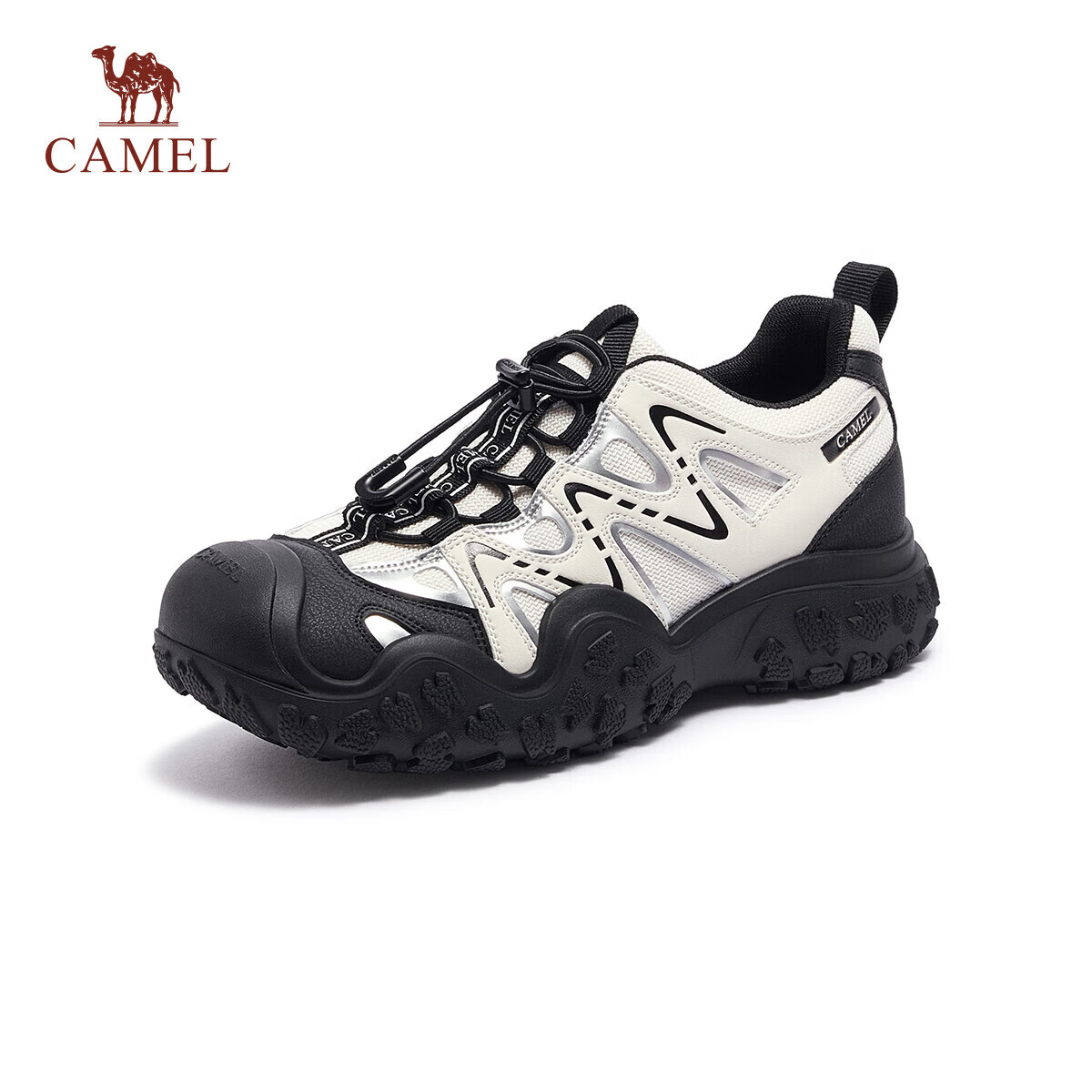 CAMEL Mountain-Style Ugly-Cute Shoes for Women, with Height Increase, Lightweight Outdoor Casual Shoes, L25A202145, Beige/silver/black, Size 39