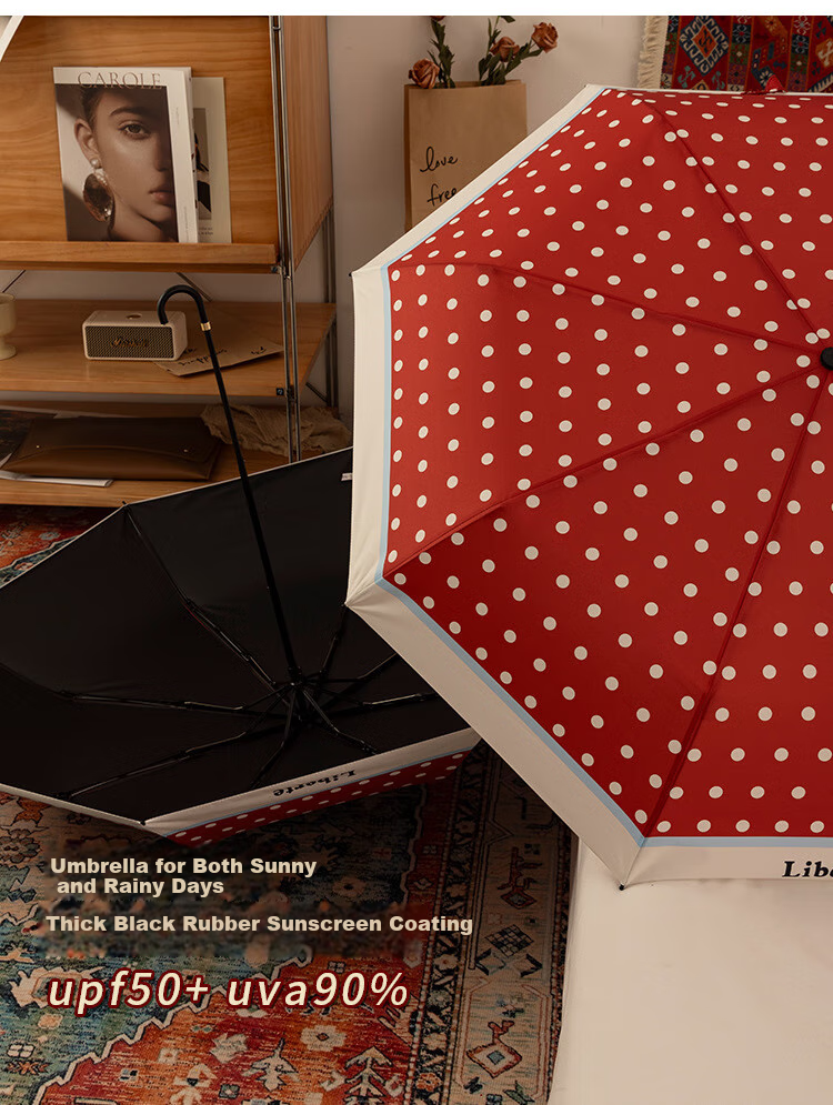 Fanyejia Vintage Hong Kong Style Sun Umbrella, Dual-Use for Sunny And Rainy Days, French Polka Dot Design, Sun Protection, UV Protection, Foldable, Curved Hook, Women's Sunshade Umbrella 2