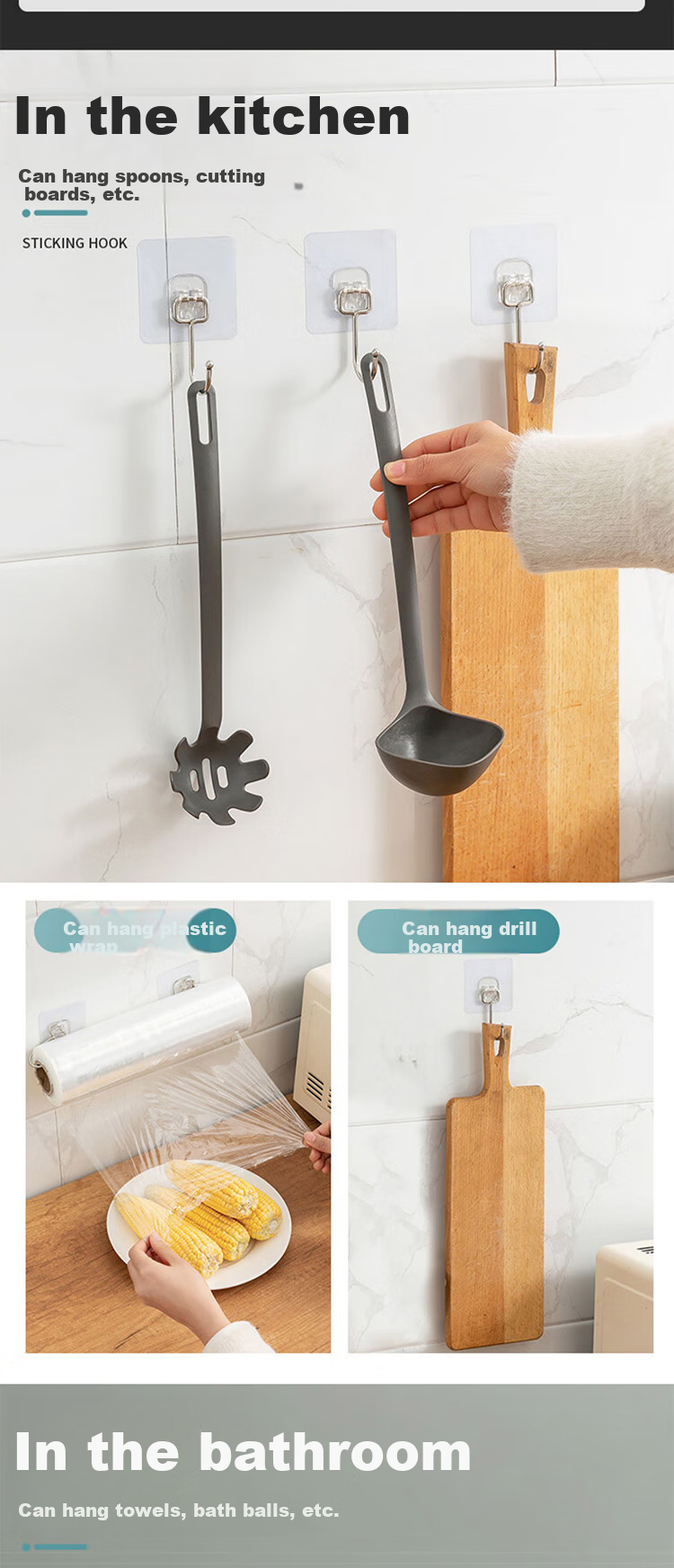 Xingfang Adhesive Hooks, No Drilling Required, Coat Hooks, Bathroom Hooks, Strong Adhesive, Heavy-Duty Load-Bearing, Pack of 10 4