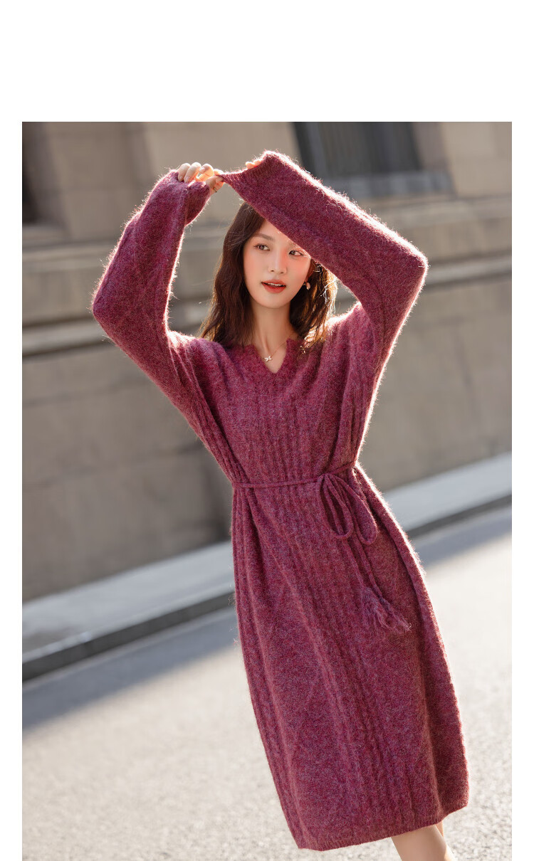 Demana "Lianlian Warm Breeze" Winter Elegant Cable Knit V-Neck Tassel Waist Sheep Wool Women's Dress 13
