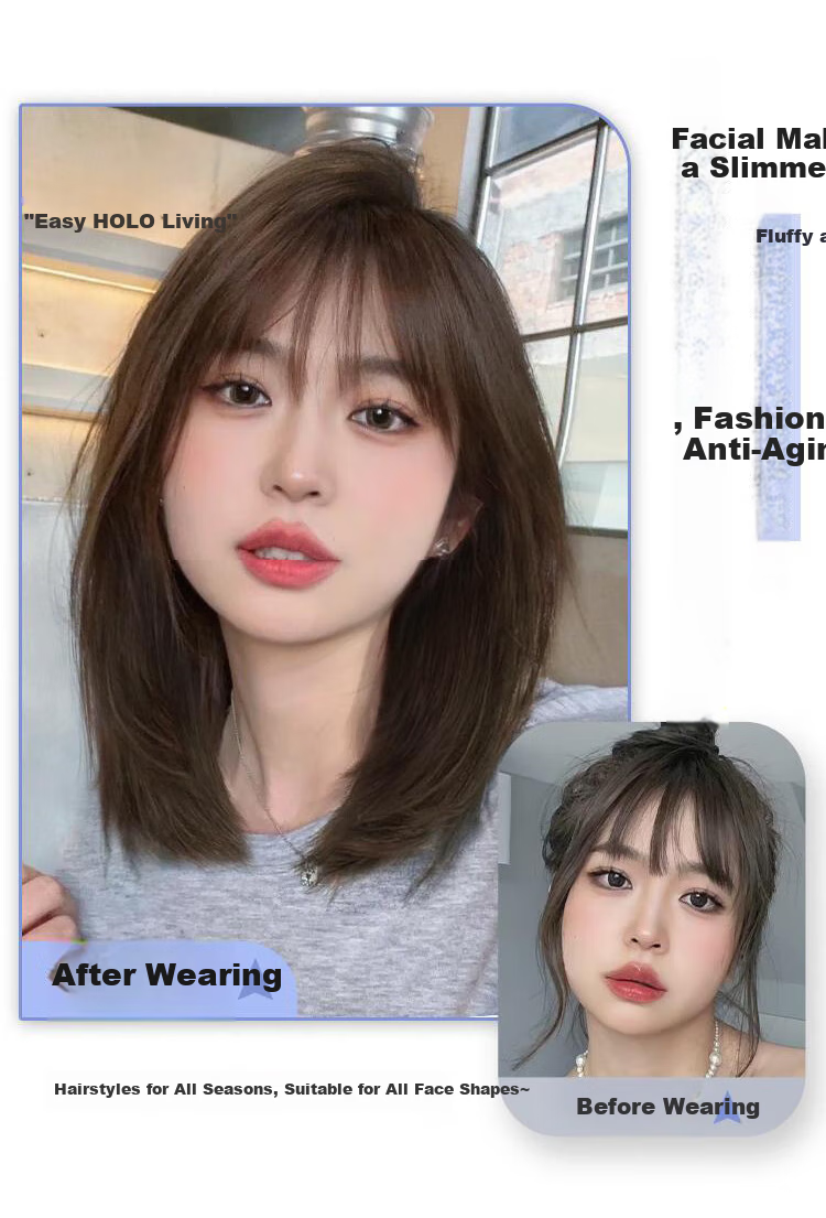 Baisitang Women's Medium-Length Wig, Internet Celebrity Bob Haircut, Natural Neckline Wig, Round Face Youthful Wig Cover 4