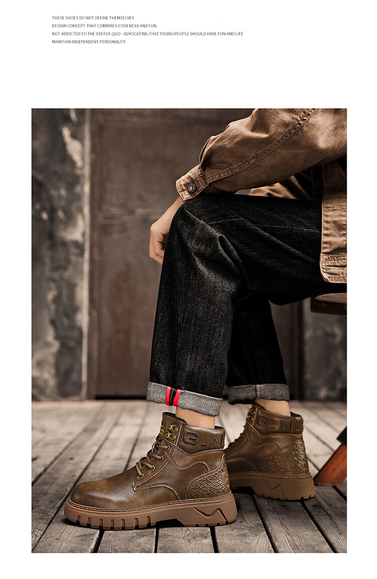 Bull Family Martin Boots Men 2026 Winter New Versatile Work Boots Men's Thick Sole High Top Leather Outdoor Hiking Shoes Men 3