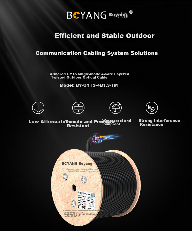BOYANG GYTS Armored Outdoor Optical Cable, 4-Core Single-Mode Optical Cable, Four-Core Communication Fiber Optic Cable, Twisted Pair Outdoor Overhead/pipeline, 1 Meter, BY-GYTS 1