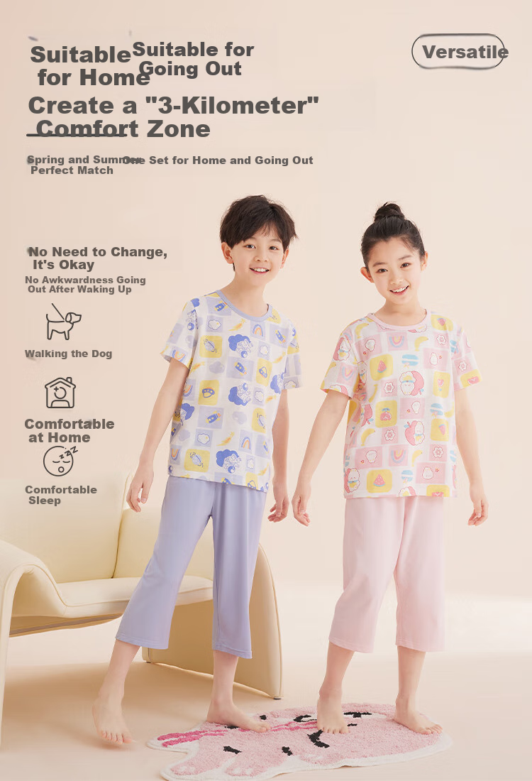 Hodo Children's Pajamas Short-Sleeve Home Wear Set for Boys And Girls, Summer Pure Cotton Casual Two-Piece Set J3303 Light Blue 140 3