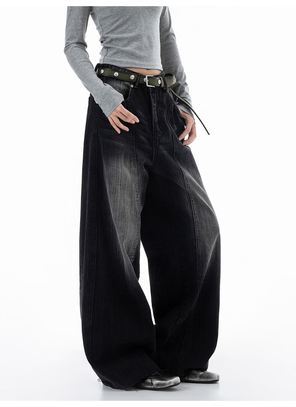 ICH MODE Women's American Vintage Washed Denim Jeans Spring Autumn Loose Straight Leg Curved Cut Casual Wide Leg Pants Blue XL 18