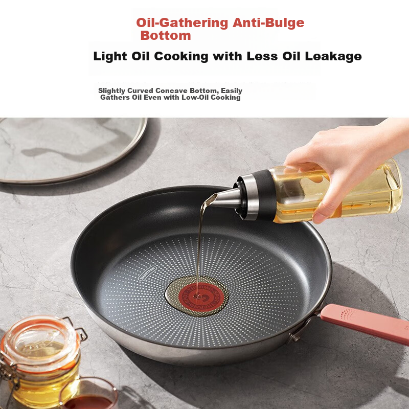 SUPOR Frying Pan with Red Heat-Dot Oil-Gathering Coating, Titanium Non-Stick Pan for Steak, Flat-Bottom Pan for Eggs, Compatible with Induction Cooker EJ26CAS01