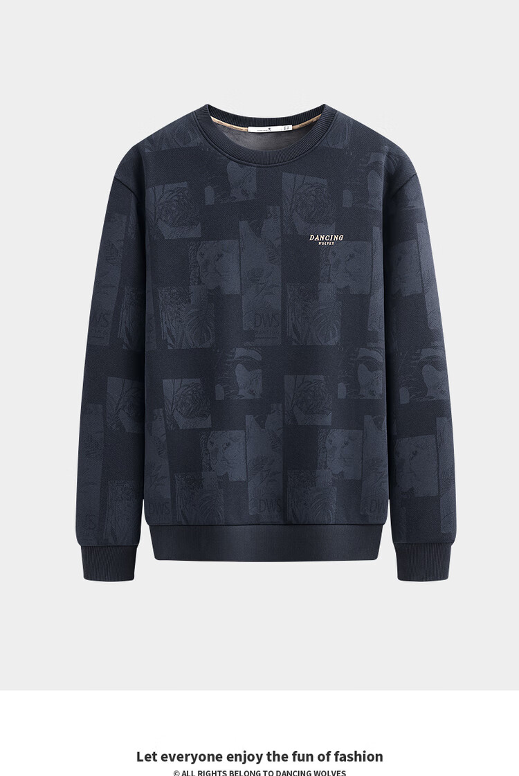 Dance with Wolves [Fleece Lined Thickened] Trendy All-Over Print Crewneck Sweatshirt Men Warm Antibacterial Pullover Top 102 Dark Blue L 2