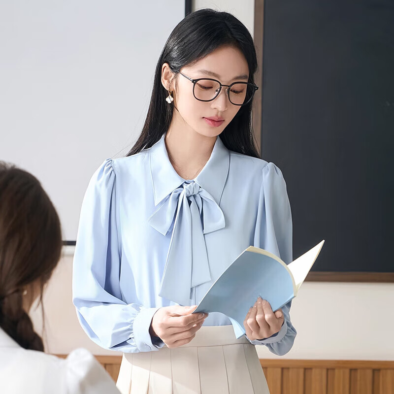 Bodexiaojie Blouse for Women, Professional Commute Long-Sleeve Shirt, Wrinkle-Free Interview Formal Wear, Elegant Chiffon Top