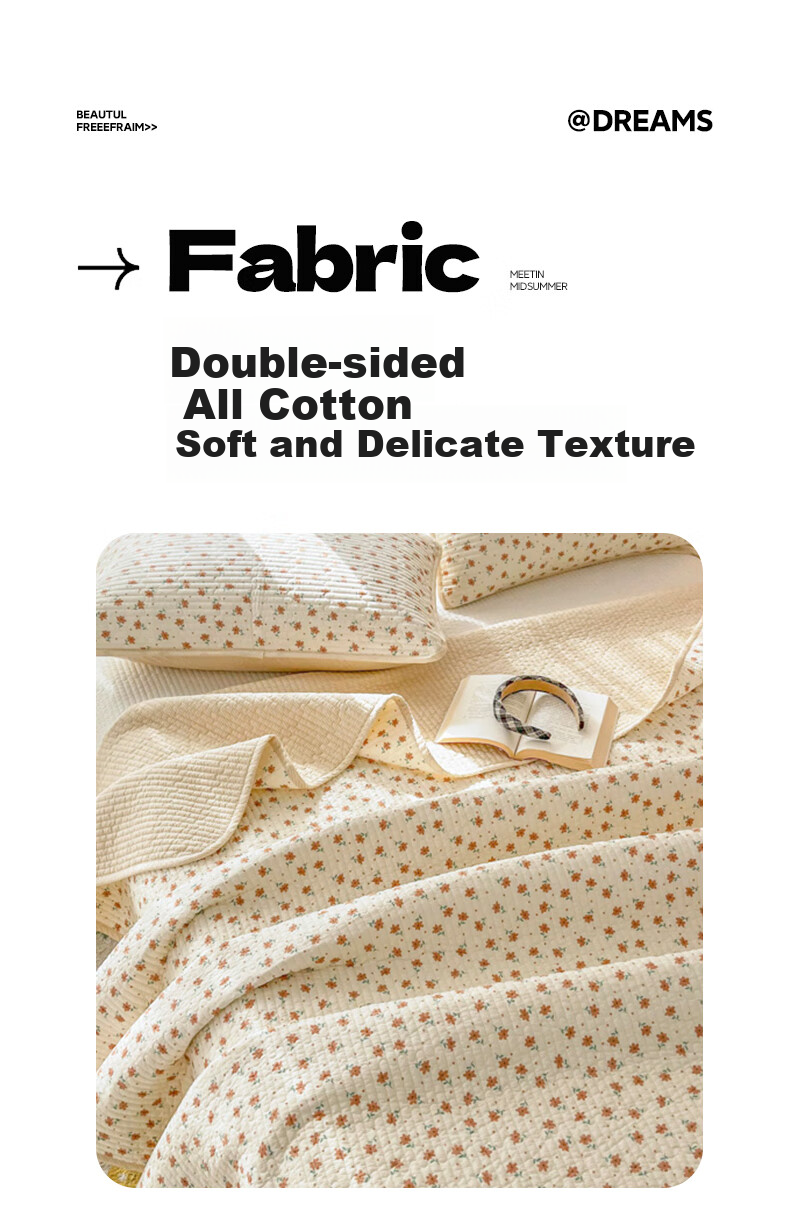 Wuyinliangpin Class A Double-Sided Pure Cotton Bed Sheet, Quilted Double Bed Cover, Bedspread Three-Piece Set, Bed Sheet 200*230cm, Floral Patter 2