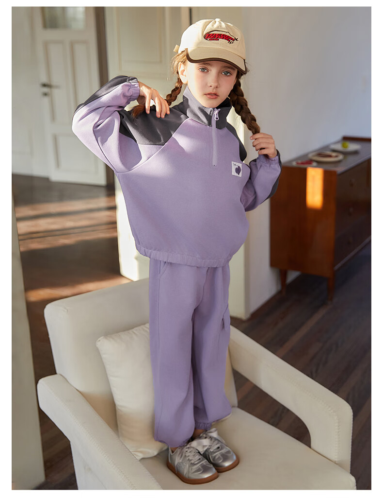 Follow Me Girls' Color Block Set Spring And Autumn Casual Sports Two-Piece Outfit Children's Jacket Knit Pants Purple/gray 140 1