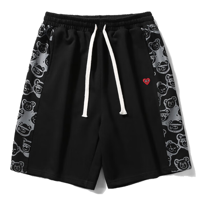 Charles Heart Plus Size Men's Summer Loose American Style Bear Print Casual Sports Knee-Length Shorts Black M