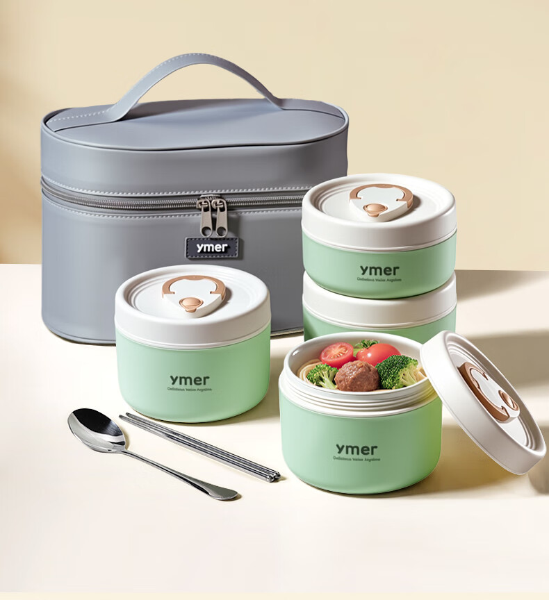 Ymer Insulated Lunch Box Microwaveable Ceramic Set Green 2-Pack (One Large, One Small) 32