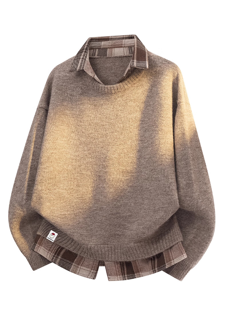 :CHOCOOLATE Men's Spring and Autumn New Fake Two-Piece Knit Sweater Jacket Loose Fit Long Sleeve Sweater Brown Camel 3XL 2