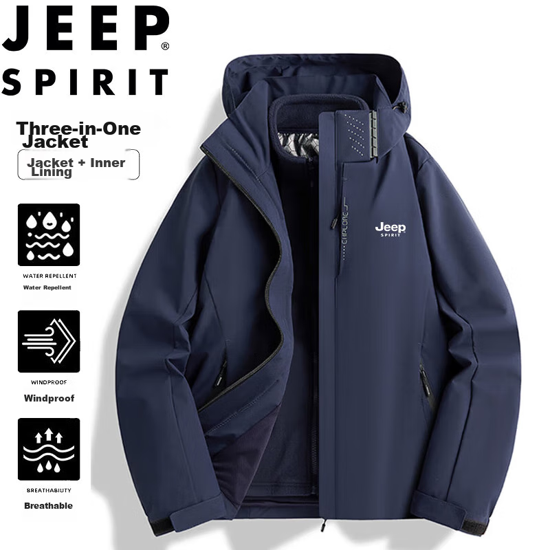JEEP SPIRIT Men's Windbreaker Jacket for Spring, Autumn And Winter, Three-In Hooded Outdoor Mountaineering Coat, Navy Blue, Size L
