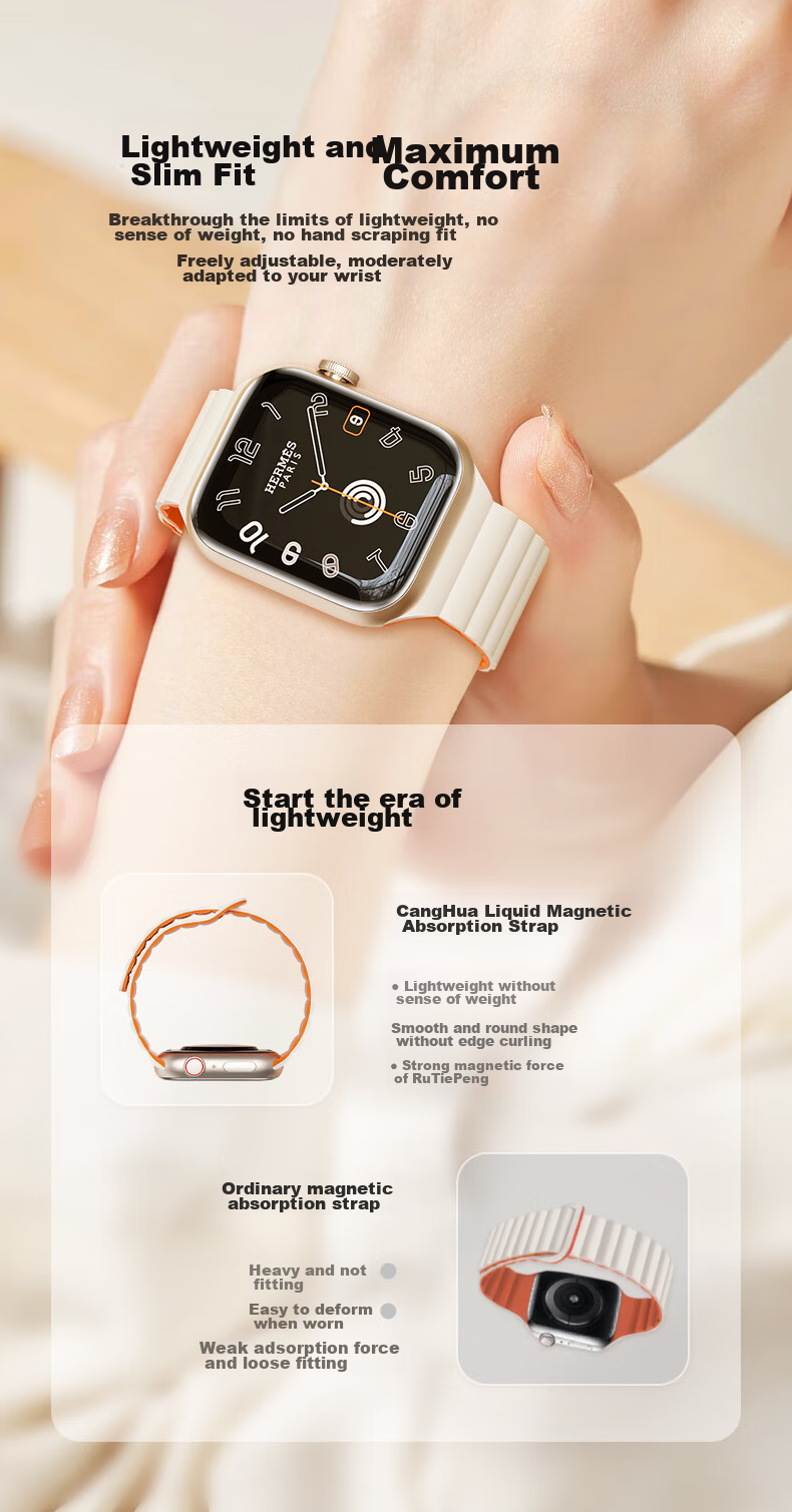 CangHua Compatible with Apple Watch S12 Band, Suitable for Apple Watch S11/S10 Silicone Magnetic Strap, IWatch S9/SE3/Ultra4/3 Loop Sports Band, Starlight with Orange 7