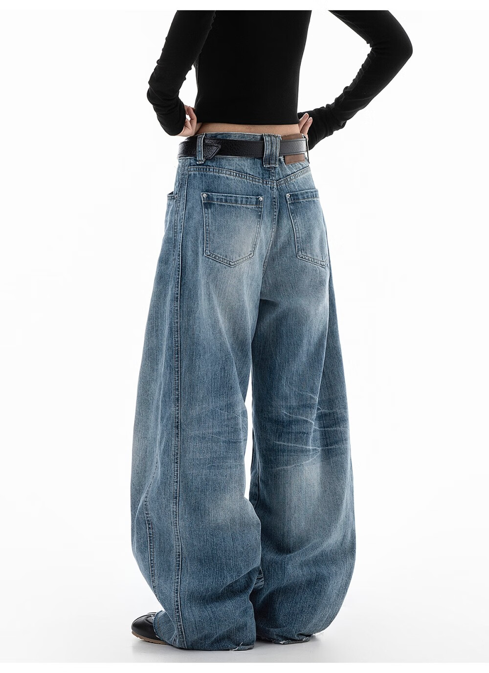 ICH MODE Women's American Vintage Washed Denim Jeans Spring Autumn Loose Straight Leg Curved Cut Casual Wide Leg Pants Blue XL 9