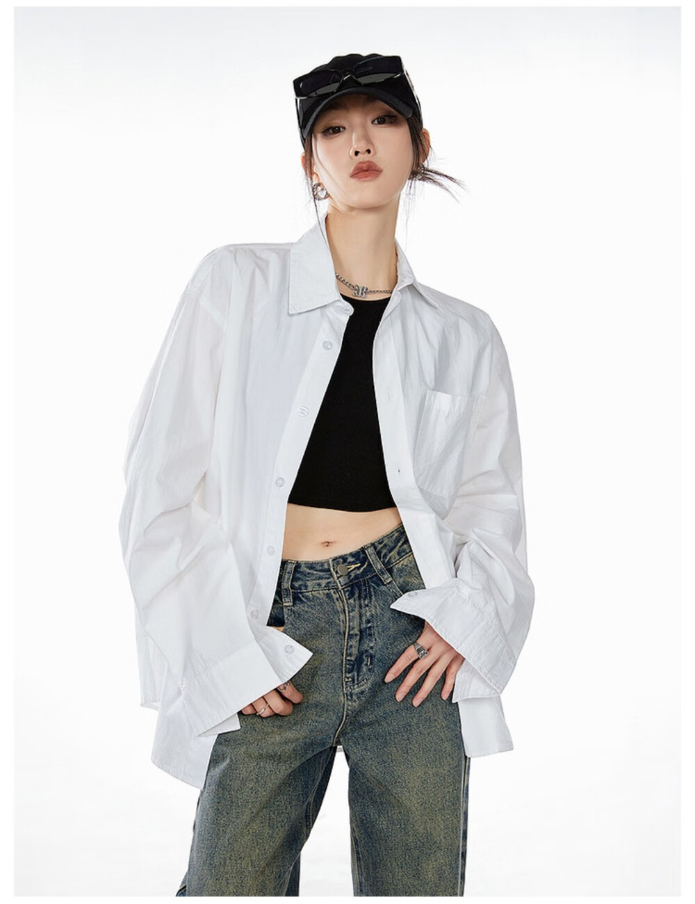 ICH MODE American Vintage White Shirt Women Casual Loose Fit Trendy Blouse Jacket Top Lazy Style White M 20