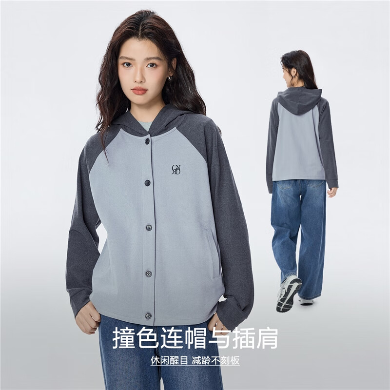 Giordano Women's Anti-Static Embroidered Color-Block Loose Fit Hooded Raglan Zip-Up Sweatshirt 05375880