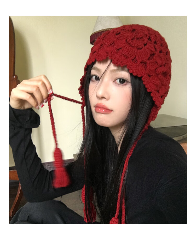 Ning'an Flower Tassel Red Wool Knit Beanie Women Autumn Winter Ear Protection Slim Face Chuanxi Travel Pullover Hat 10