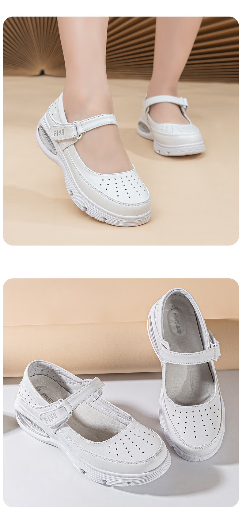 Feiying Cushion Nurse Shoes Women Spring Summer Genuine Leather Hollow Magic Tape Medical Work Shoes 2-2003 White 38 9