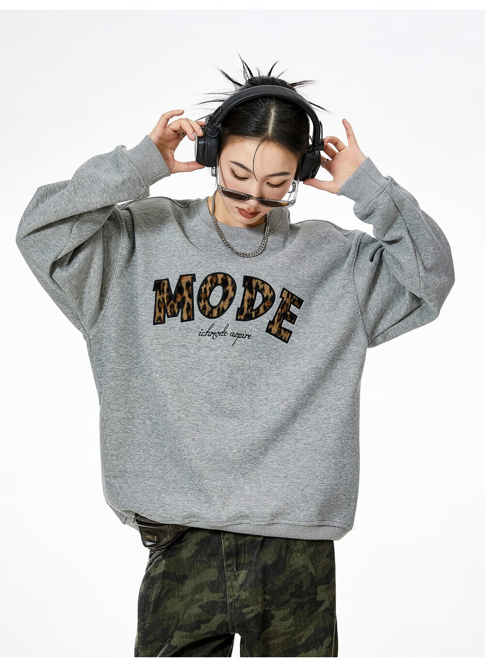 ICH MODE American Style Gray Crewneck Sweatshirt Women 2026 Spring New Loose Casual Jacket Top Light Gray S 8