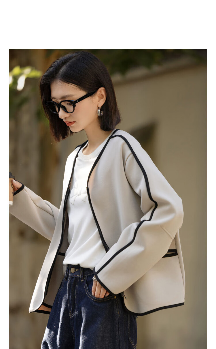 Demana 350G Air Layer Spring Cozy Little Fragrance V-Neck Color-Block Boxy Short Loose Women's Jacket 14