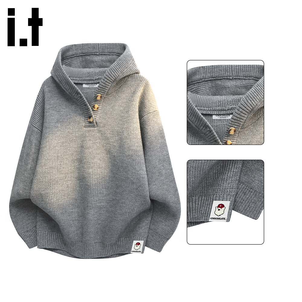 :CHOCOOLATE IT American Style Hooded Sweater Men Winter New Loose Trendy Warm Knitted Jacket Fine Spun Gray M