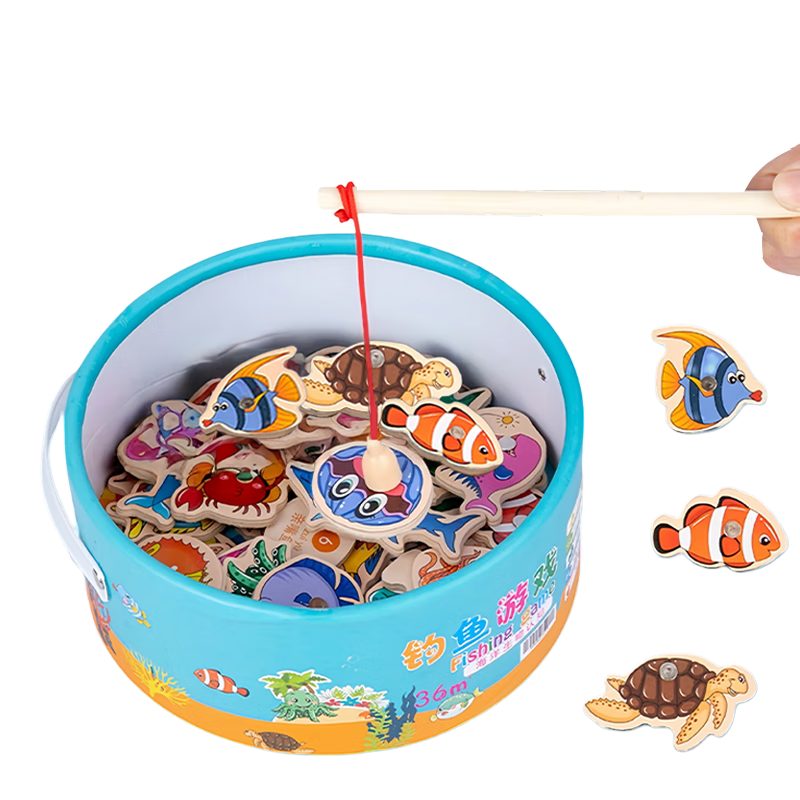 MKBIBI Fishing Toy Children's Early Education Desktop Game Wooden Magnetic Small Fish Baby Focus Training Interactive Toy
