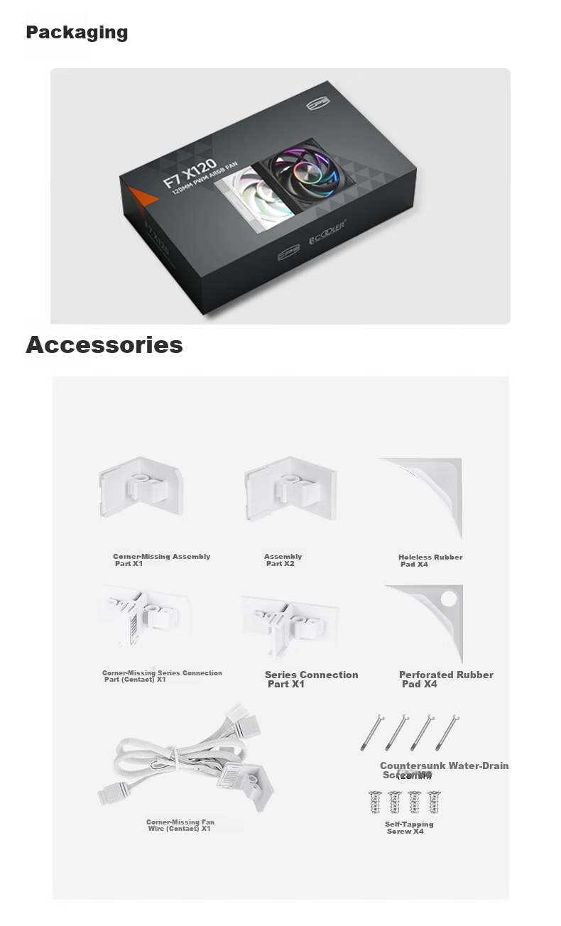 PCCOOLER Light Wing F7 X120 ARGB White, Jingye 12cm Case Fan, Wireless Building Block Connection/ARGB Lighting Sync/PWM Temperature Control Speed Adjustment/Dual Ball Bearing 15