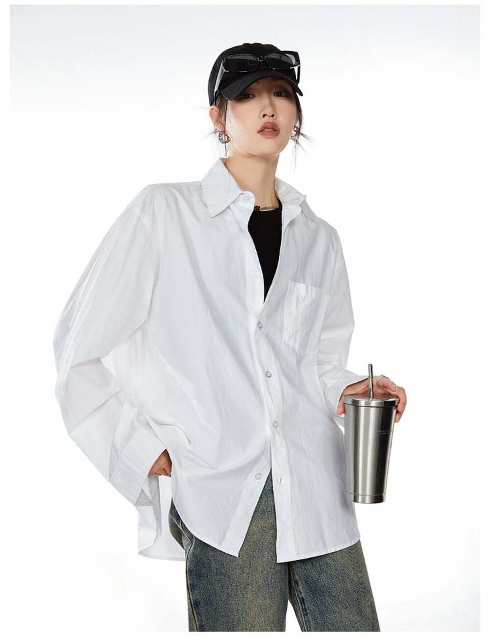 ICH MODE American Vintage White Shirt Women Casual Loose Fit Trendy Blouse Jacket Top Lazy Style White M 15
