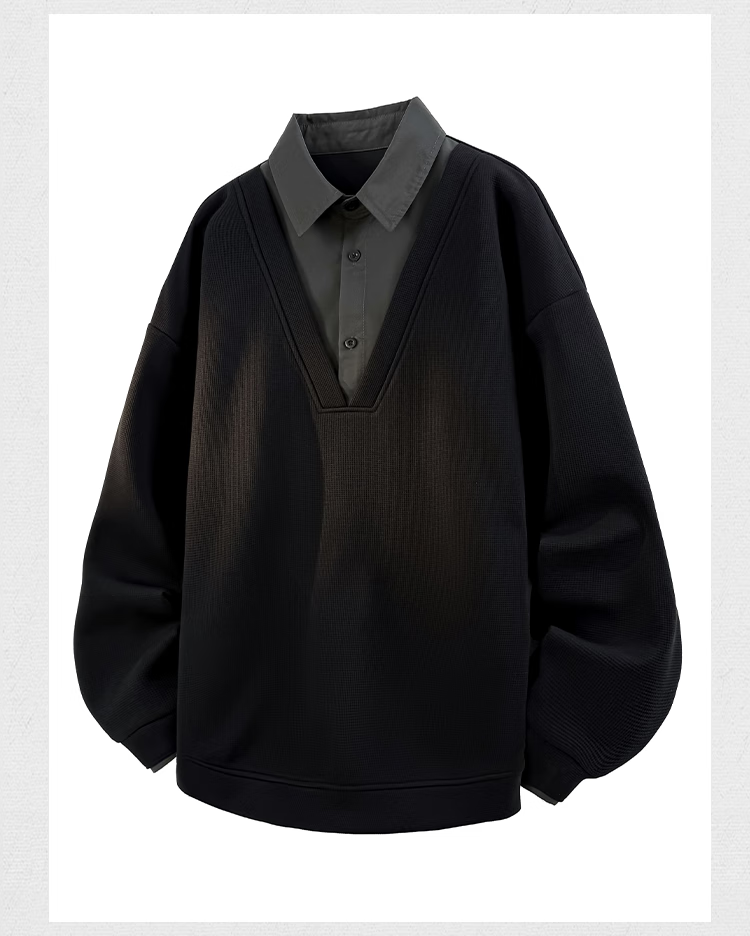 Dingfengbaoluo Men's Autumn Sweatshirt Fake Two-Piece Vintage Trendy Loose Pullover Casual Long Sleeve Shirt Collar XCD31 Black 5XL 5