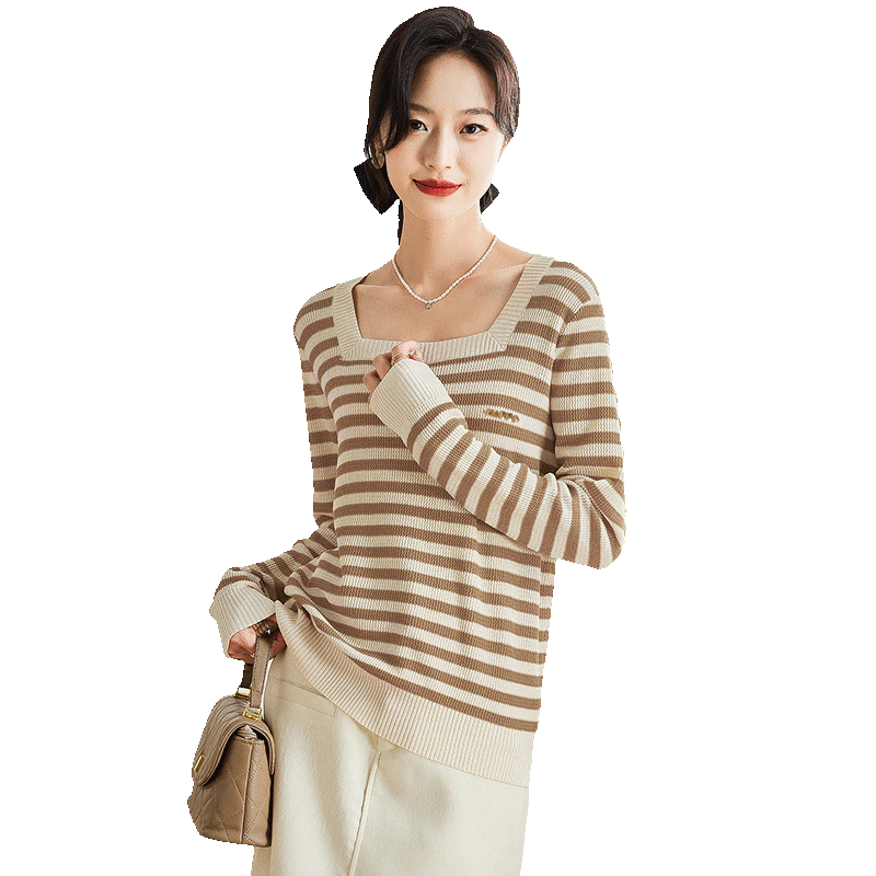 PinCai Women's Knit Sweater Wild Mallard Letter Brooch Square Neck Striped Knit T-Shirt Inner Top P143Z3007