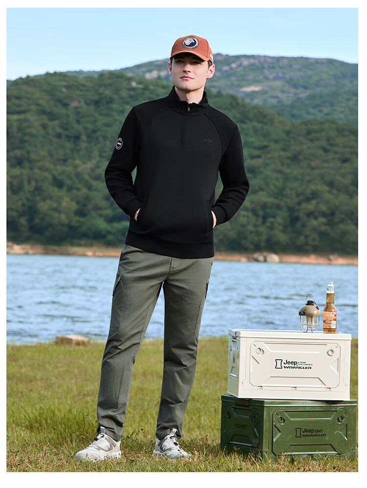 JEEP Men's Half-Zip Stand Collar Sweatshirt, Loose Fit Comfortable Long Sleeve T-Shirt, Phantom Black, 2XL 14
