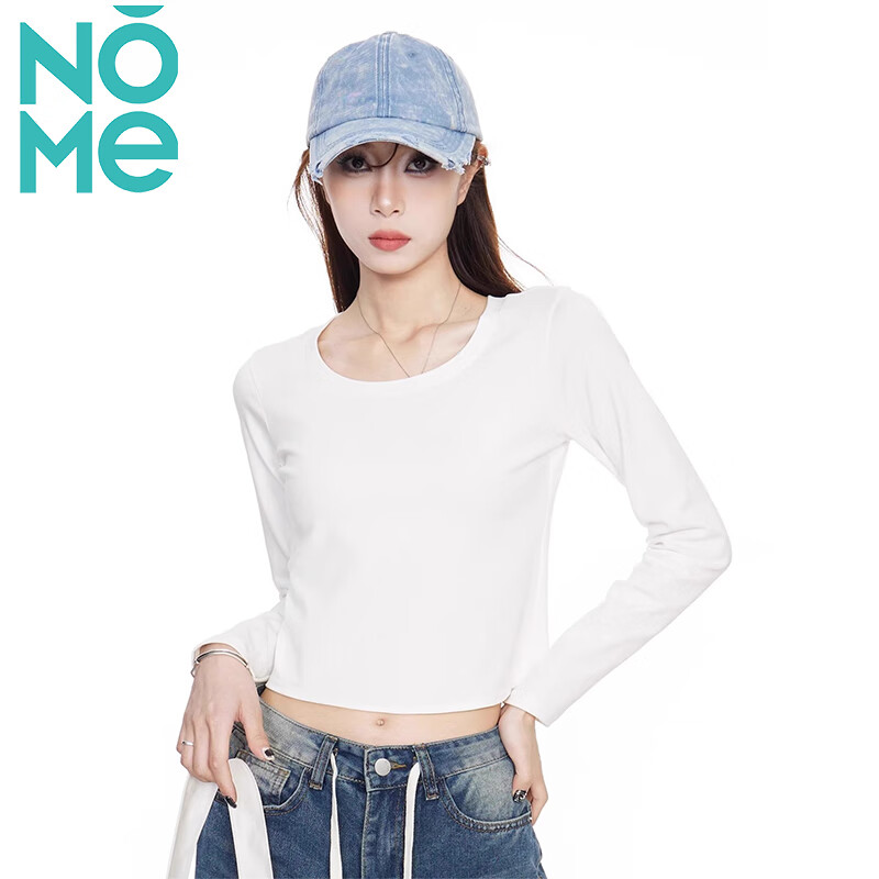 NOME Long-Sleeve T-Shirt for Women, New Early Autumn Style, Hot Girl Inner Wear, Short High-Waist Top, White, XL