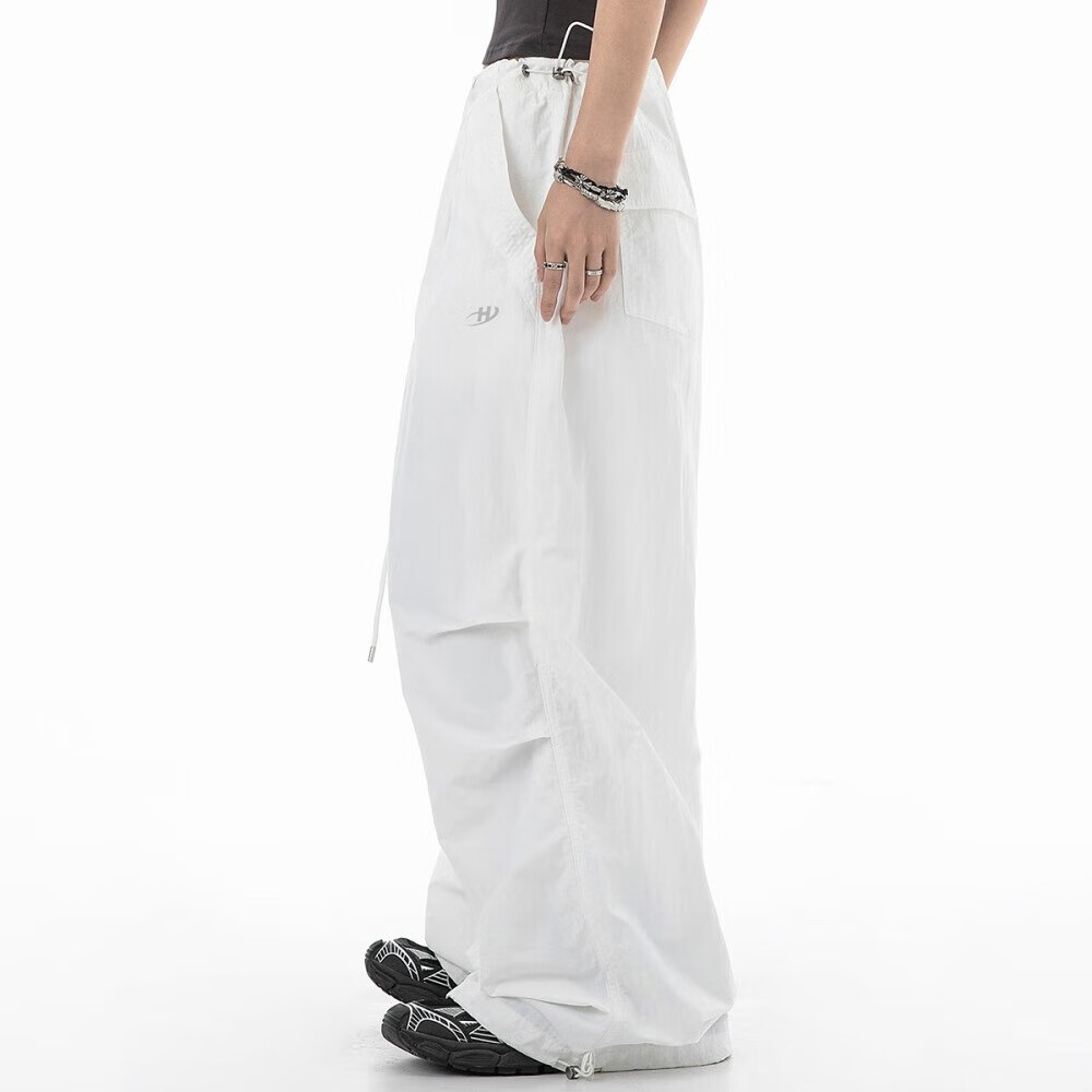 ICH MODE Women's American Style Paratrooper Cargo Pants Summer Lightweight Sports Pants Straight Loose Wide-Leg Casual Pants White S