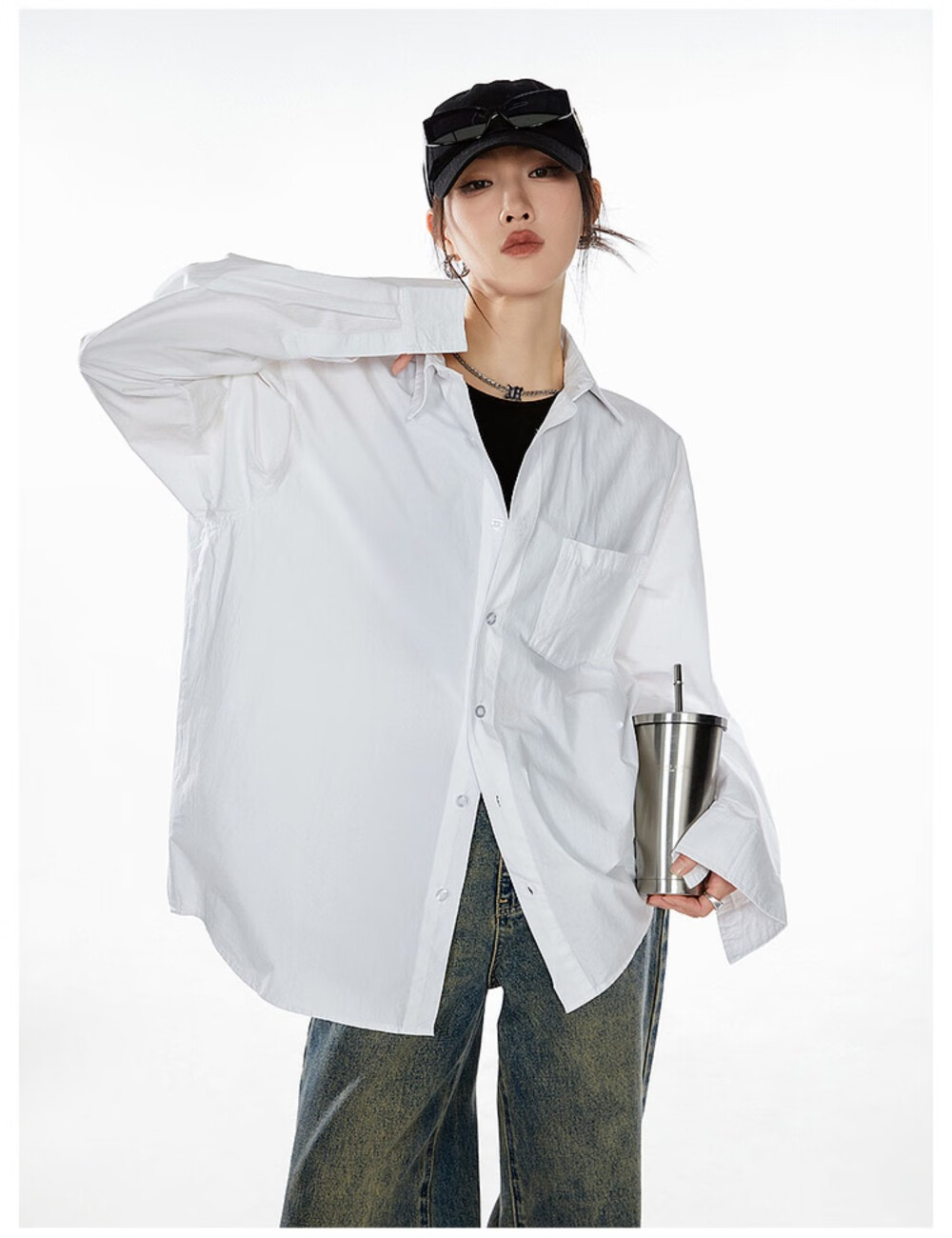 ICH MODE American Vintage White Shirt Women Casual Loose Fit Trendy Blouse Jacket Top Lazy Style White M 22