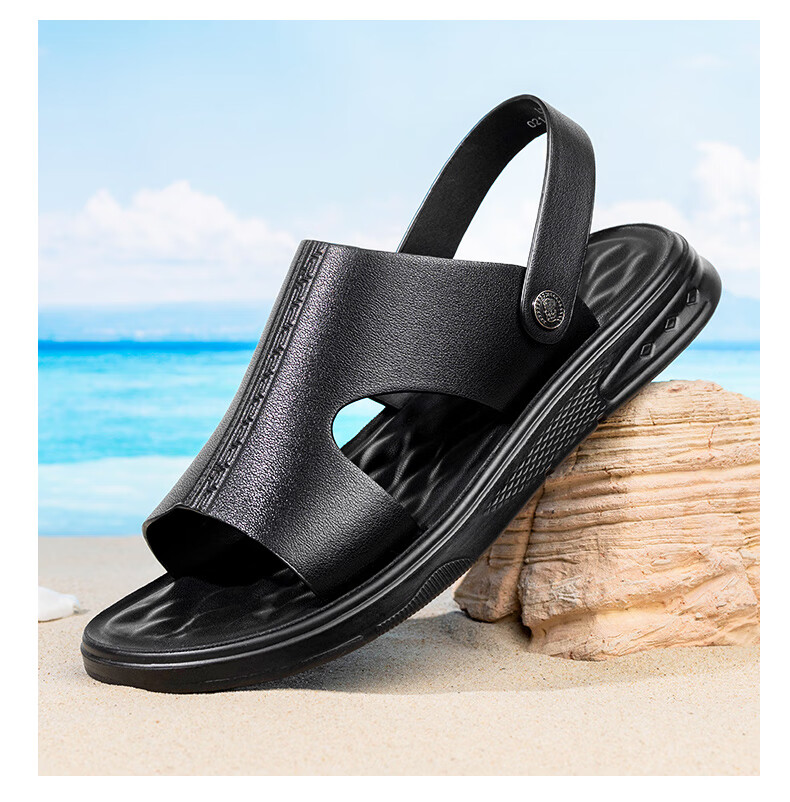 LAORENTOU Men's Summer Leather Breathable Beach Sandals Dual-use Casual Slippers LT11110 Black Size 39 7
