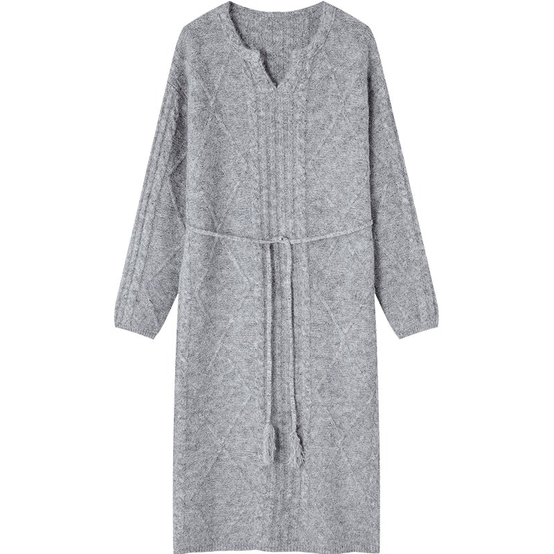 Demana "Lianlian Warm Breeze" Winter Elegant Cable Knit V-Neck Tassel Waist Sheep Wool Women's Dress