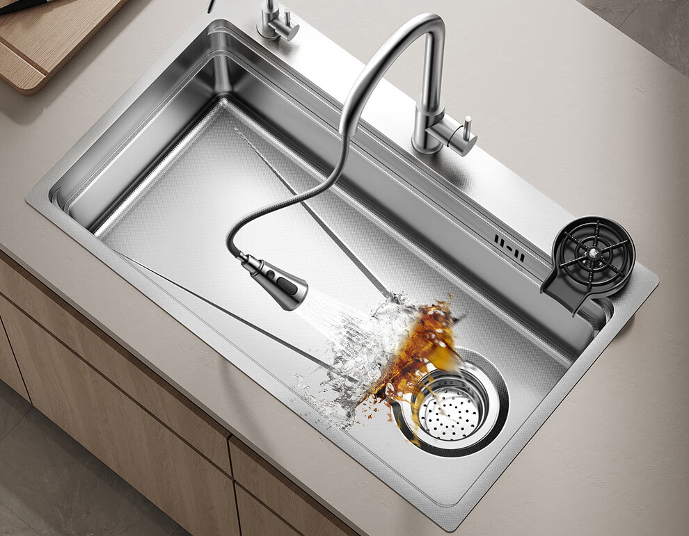 Rifeng 304 Stainless Steel Large Single Bowl Kitchen Sink with Textured Scratch-Resistant Surface and Faucet RF-SD7546209BD Silver 24