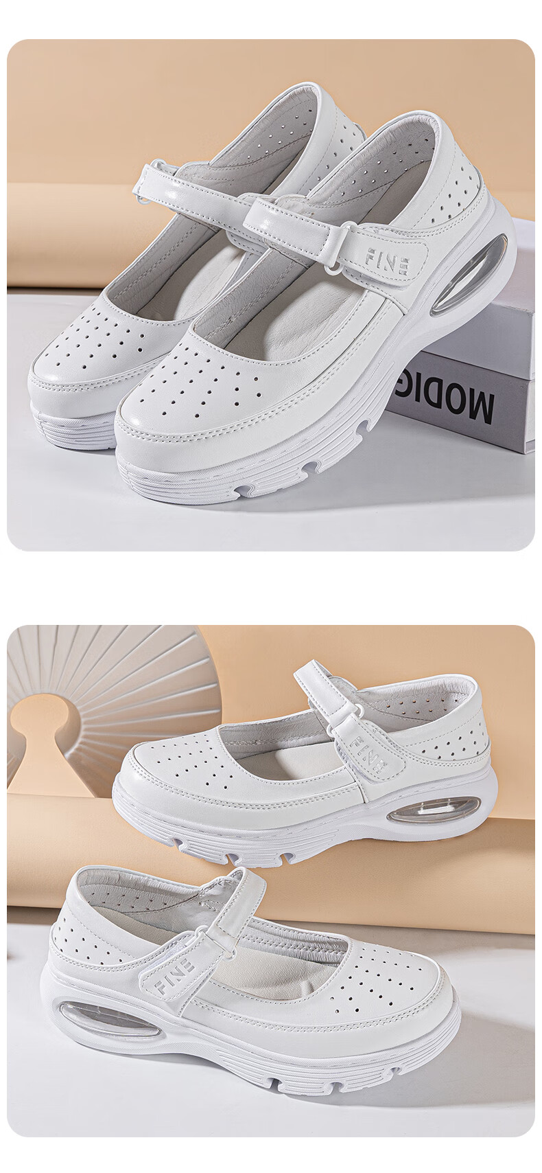 Feiying Cushion Nurse Shoes Women Spring Summer Genuine Leather Hollow Magic Tape Medical Work Shoes 2-2003 White 38 10