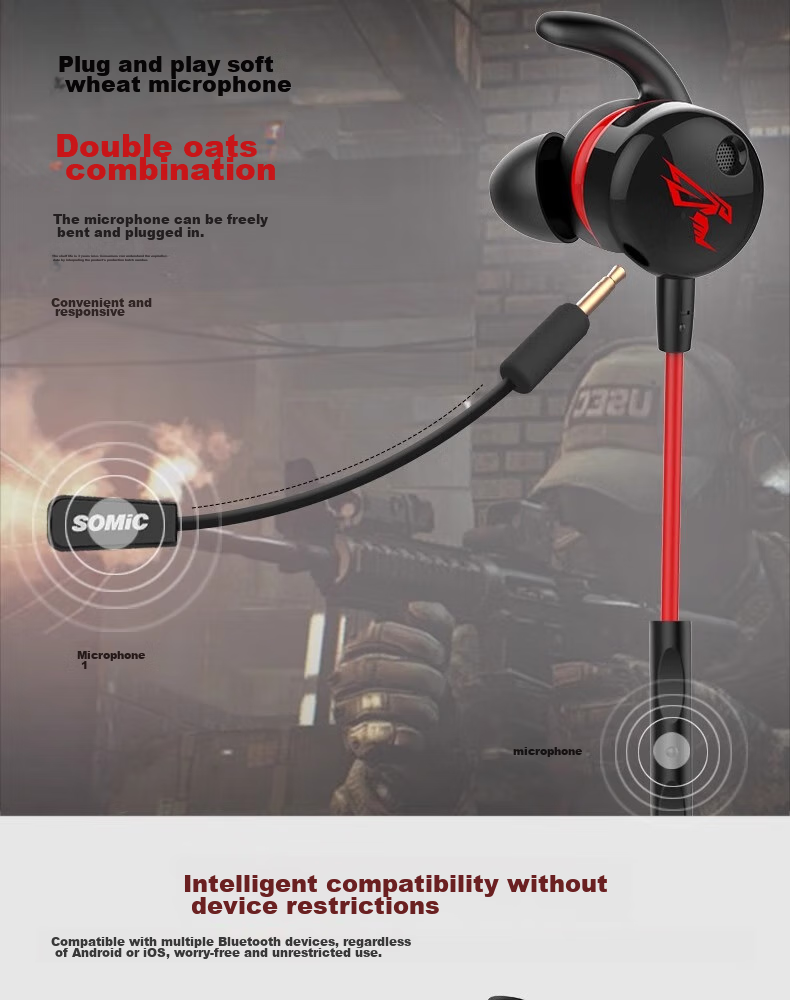 SOMIC G618i Gaming Headset with Sound Positioning, In-Ear Design Compatible with Computers, Phones, Desktops, Laptops, E-Sports Gaming Headset with Microphone Plug-In And Detachable Mic, Titanium Gray 3.5mm 5