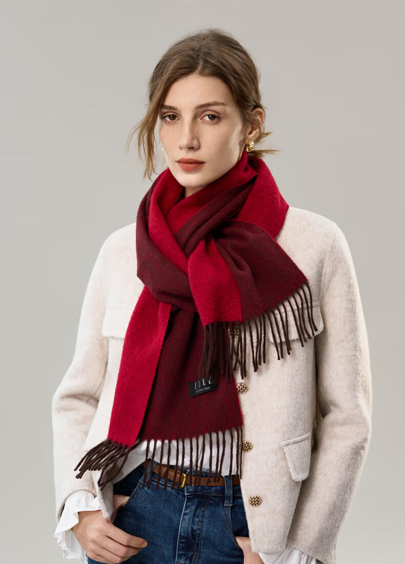 ELLE Gift Box 100% Wool Double-Sided Women's Scarf Autumn Winter Warm Red Scarf New Year Gift 6