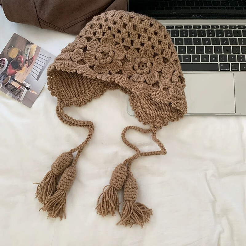 Ning'an Flower Tassel Red Wool Knit Beanie Women Autumn Winter Ear Protection Slim Face Chuanxi Travel Pullover Hat