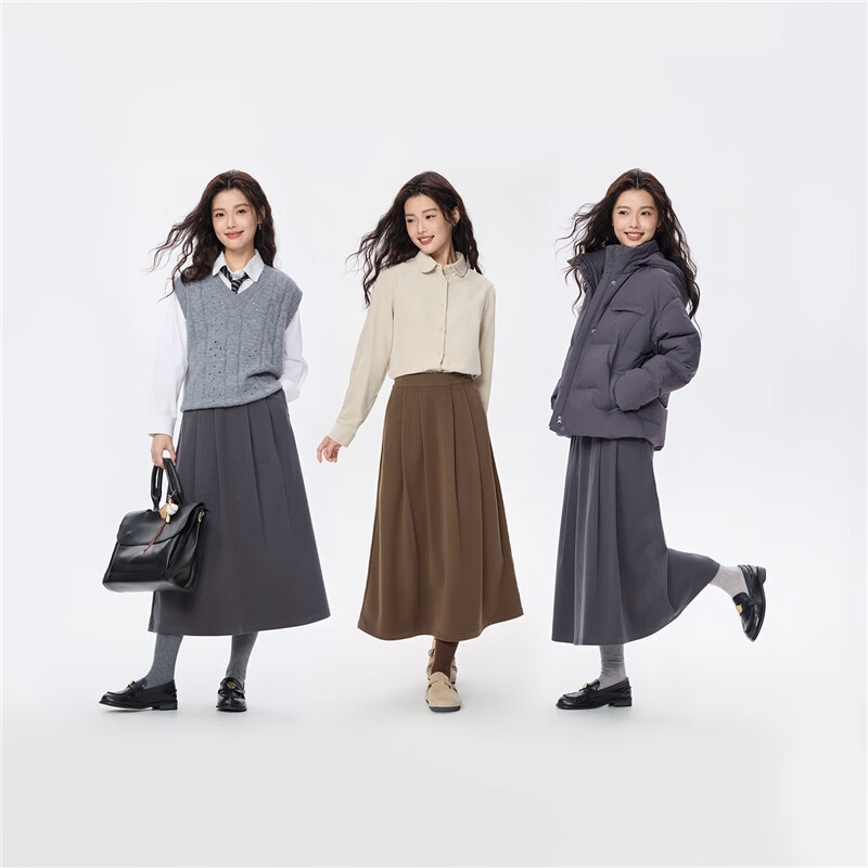Giordano Women's Faux Wool Pleated A-Line Skirt Autumn Winter New Semi-Elastic Waist Plaid Skirt 05465856