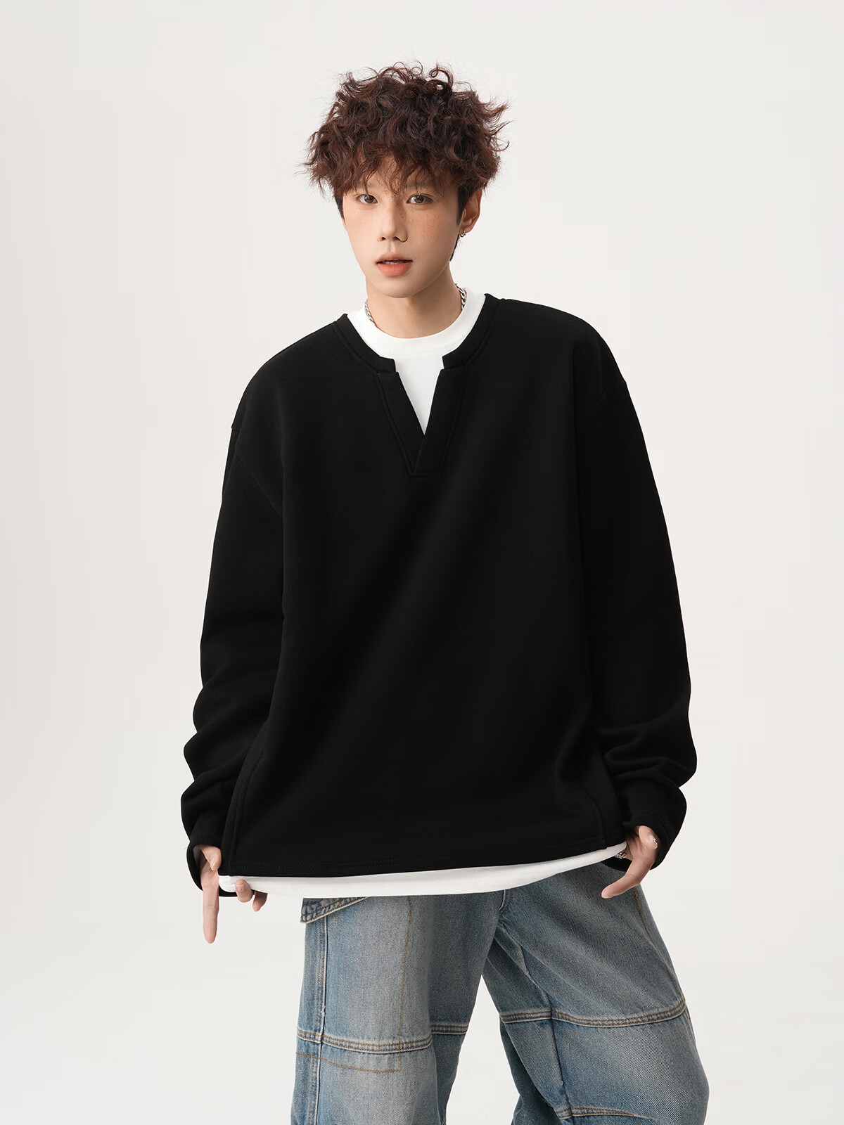 Foss Phil Men's Fake Two-Piece Long Sleeve Sweatshirt Autumn Winter Loose Fit Basic T-Shirt HT25764 Black 3XL 19