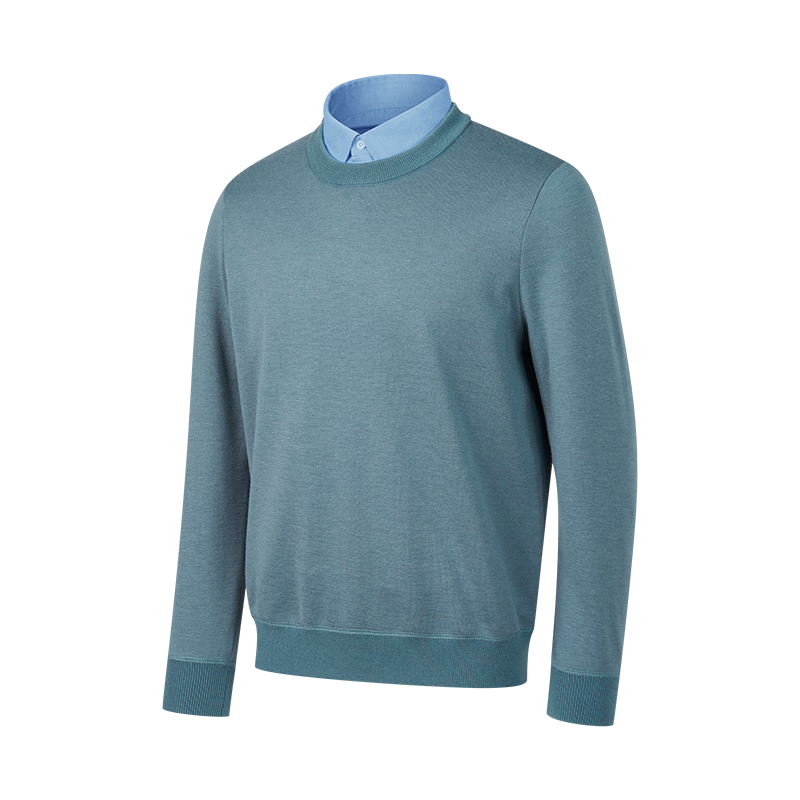 JD Original [Fake Two-Piece] Sweater Knit Pullover for Men, Winter Men's Wool Blend Base Layer, Blue, Size M