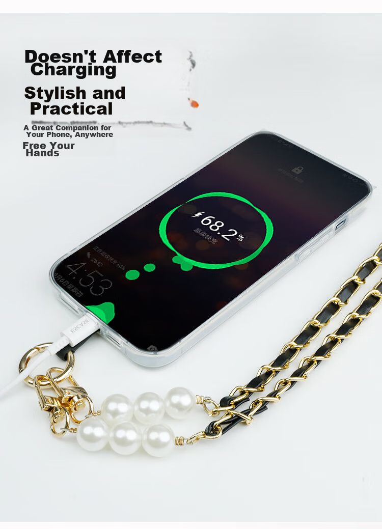ESCASE Phone Lanyard, Crossbody Neck Strap, Anti-Loss Phone Case, Long Hanging Chain, High-End Fashion Pearl Necklace, Dopamine, Summer Colorful Black And Gold 4