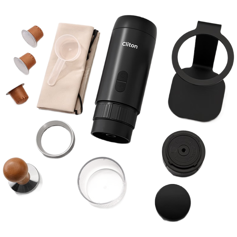 CLITON Portable Handheld Espresso Coffee Maker with Tamper, Powder Distributor, Stand, and Outdoor Camping Storage Set