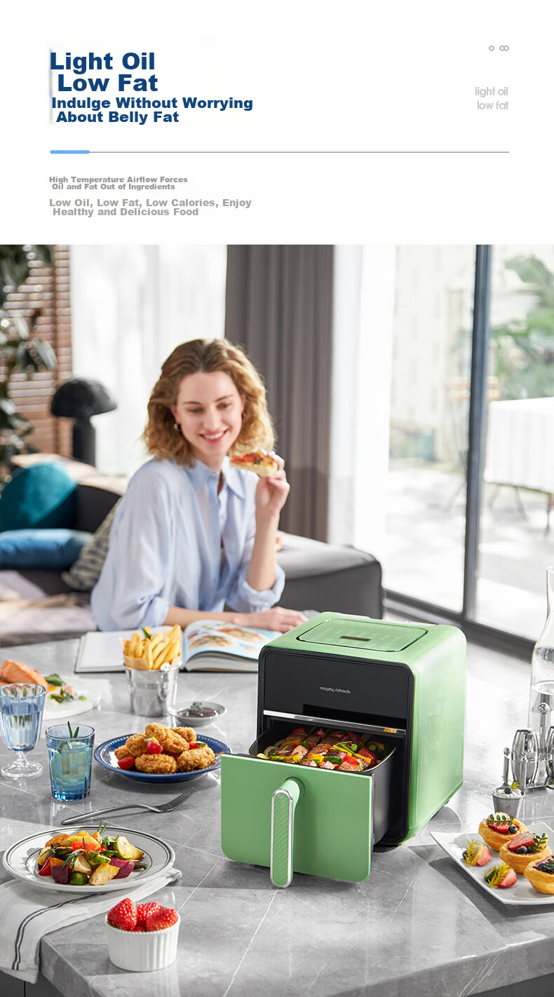 Morphyrichards Air Fryer, Home Use, 4L Large Capacity, Transparent View Window, Built-In Lamp, Smart Steam Function, Variable Frequency Temperature Control, Chicken Wing Frying Machine, MR8101 White 8